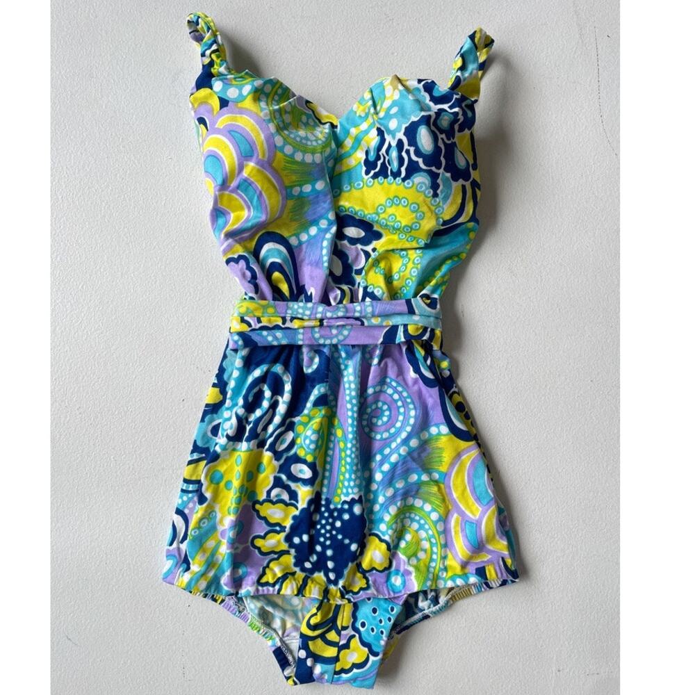 Vtg 60s JANTZEN Psychedelic Colorful Paisley One Piece Swimsuit Pinup Retro 16
